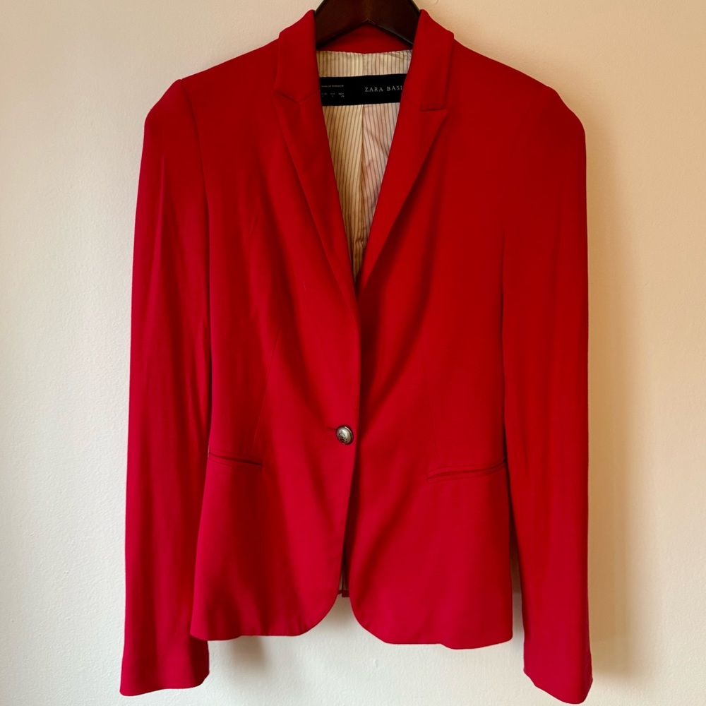 Zara Basic Red One-Button Stretch Knit Blazer